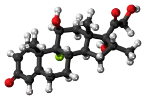 Ball-and-stick model of the dexamethasone molecule