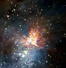 Complete view of the ALMA, Gemini and VLT image showing the explosion remnant. The stars in the lower-left are the Trapezium cluster.