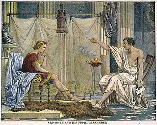 By Charles Laplante [fr] "That most enduring of romantic images, Aristotle tutoring the future conqueror Alexander". 1866