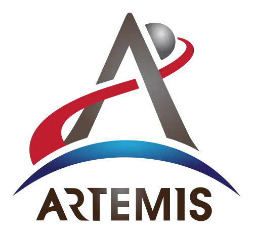 An arrowhead combined with a depiction of a trans-lunar injection trajectory forms an "A", with an "Artemis" wordmark printed underneath