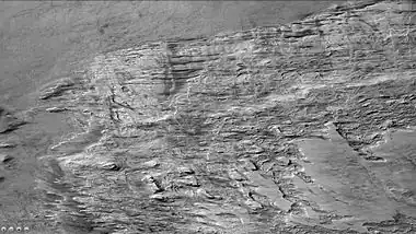 Wide CTX view of part of layered mound.  Parts of this mound are enlarged in HiRISE images that follow.