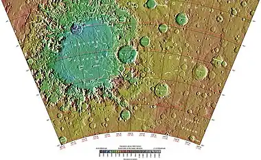 Wide view of area around Galle crater. Colors show elevations.