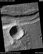 Gullies in a trough and nearby crater, as seen by HiRISE under the HiWish program.  Scale bar is 500 meters long.