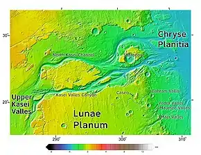 Area around the Northern Kasei Valles, showing relationships among Bahram Vallis and the Kasei Valles, Vedra Valles, Maumee Valles, and Maja Valles. Map location is in Lunae Palus quadrangle and includes parts of Lunae Planum and Chryse Planitia.