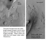 Layers in Tikhonravov crater in Arabia. Layers may form from volcanoes, the wind, or by deposition under water. The craters on the left are pedestal craters. Dark slope streaks are seen to originate from certain layers (you may need to click on image to see the streaks).