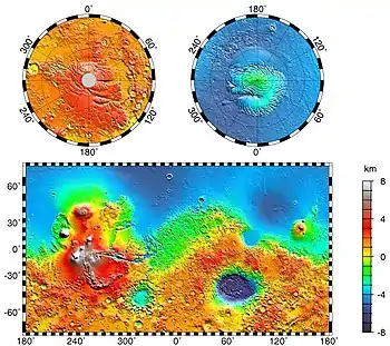 This topographic map shows volcanic peaks in white because of their great height.  Near the equator, a line of three volcanoes points south to Phaethontis and three large craters-the area where there are many gullies.