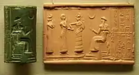 Sumerian cylinder seal and impression, dated c. 2100 BC, of Ḫašḫamer, ensi (governor) of Iškun-Sin c. 2100 BC. The seated figure is probably king Ur-Nammu, bestowing the governorship on Ḫašḫamer, who is led before him by Lamma (protective goddess)..mw-parser-output cite.citation{font-style:inherit;word-wrap:break-word}.mw-parser-output .citation q{quotes:"\"""\"""'""'"}.mw-parser-output .citation:target{background-color:rgba(0,127,255,0.133)}.mw-parser-output .id-lock-free.id-lock-free a{background:url("//upload.wikimedia.org/wikipedia/commons/6/65/Lock-green.svg")right 0.1em center/9px no-repeat}body:not(.skin-timeless):not(.skin-minerva) .mw-parser-output .id-lock-free a{background-size:contain}.mw-parser-output .id-lock-limited.id-lock-limited a,.mw-parser-output .id-lock-registration.id-lock-registration a{background:url("//upload.wikimedia.org/wikipedia/commons/d/d6/Lock-gray-alt-2.svg")right 0.1em center/9px no-repeat}body:not(.skin-timeless):not(.skin-minerva) .mw-parser-output .id-lock-limited a,body:not(.skin-timeless):not(.skin-minerva) .mw-parser-output .id-lock-registration a{background-size:contain}.mw-parser-output .id-lock-subscription.id-lock-subscription a{background:url("//upload.wikimedia.org/wikipedia/commons/a/aa/Lock-red-alt-2.svg")right 0.1em center/9px no-repeat}body:not(.skin-timeless):not(.skin-minerva) .mw-parser-output .id-lock-subscription a{background-size:contain}.mw-parser-output .cs1-ws-icon a{background:url("//upload.wikimedia.org/wikipedia/commons/4/4c/Wikisource-logo.svg")right 0.1em center/12px no-repeat}body:not(.skin-timeless):not(.skin-minerva) .mw-parser-output .cs1-ws-icon a{background-size:contain}.mw-parser-output .cs1-code{color:inherit;background:inherit;border:none;padding:inherit}.mw-parser-output .cs1-hidden-error{display:none;color:#d33}.mw-parser-output .cs1-visible-error{color:#d33}.mw-parser-output .cs1-maint{display:none;color:#2C882D;margin-left:0.3em}.mw-parser-output .cs1-format{font-size:95%}.mw-parser-output .cs1-kern-left{padding-left:0.2em}.mw-parser-output .cs1-kern-right{padding-right:0.2em}.mw-parser-output .citation .mw-selflink{font-weight:inherit}html.skin-theme-clientpref-night .mw-parser-output .cs1-maint{color:#18911F}html.skin-theme-clientpref-night .mw-parser-output .cs1-visible-error,html.skin-theme-clientpref-night .mw-parser-output .cs1-hidden-error{color:#f8a397}@media(prefers-color-scheme:dark){html.skin-theme-clientpref-os .mw-parser-output .cs1-visible-error,html.skin-theme-clientpref-os .mw-parser-output .cs1-hidden-error{color:#f8a397}html.skin-theme-clientpref-os .mw-parser-output .cs1-maint{color:#18911F}}"Cylinder vase". Collections Search – Museum of Fine Arts, Boston. May 20, 1987. Archived from the original on November 11, 2021. Retrieved November 11, 2021.