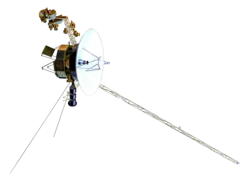 Artist's rendering of the Voyager spacecraft, a small-bodied spacecraft with a large, central dish and multiple arms and antennas extending from the dish