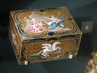 Rococo snuff box with Minerva, by Jean-Malquis Lequin, 1750–1752, gold and painted enamel, Louvre