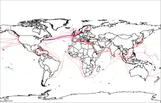 World map with red and blue lines