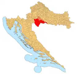 Banovina on a map of Croatia colored in red. Banovina is located in the southern part of Sisak-Moslavina County  (City of Sisak and Municipality of Martinska Ves shown in dashed because they are sometimes referred to as parts of Banovina.)