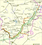 Selected lines of demarcation between Lithuania and Poland, 1919–1939. Light orange line denotes the line drawn by the Suwałki Agreement.