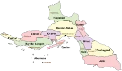 Location of Bashagard County in Hormozgan province (right, yellow)