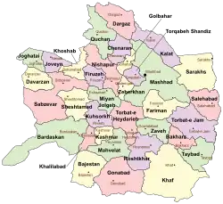 Location of Joveyn County in Razavi Khorasan Province (top left, purple)