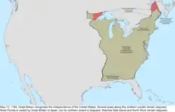 Map of the change to the international disputes involving the United States in central North America on May 12, 1784