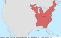 Map of the international disputes involving the United States in central North America from July 4, 1776, to January 15, 1777