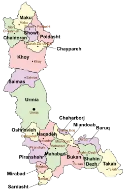 Location of Shahin Dezh County in West Azerbaijan province (bottom right, green)