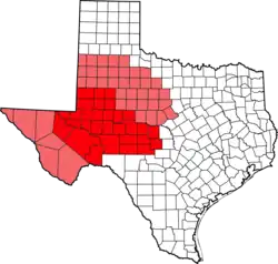 West Texas counties in red; counties sometimes included in West Texas in pink