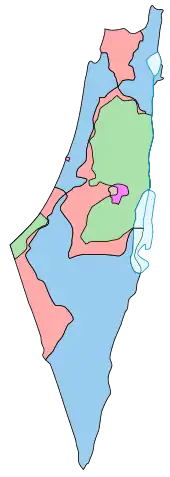 Map comparing the borders of the 1947 partition plan and the Armistice Demarcation Lines of 1949.