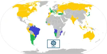 Map of the Community of Portuguese Language Countries; member states (blue), associate observers (green), and officially-interested countries & territories (gold)