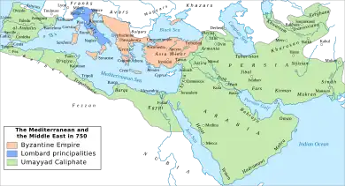 Map of western Eurasia and northern Africa showing the Caliphate covering most of the Middle East