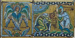 The right panel shows Emperor Heraclius, in armor, holding a sword and preparing to strike the submissive Khosrow. The left panel shows a cherub with palms open.