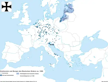 Map of the branches of the Teutonic Order in Europe around 1300 showing sovereign territory in the Baltic and the Grand Master's HQ in Venice