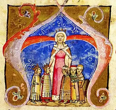 A crowned woman with two crowned children on her right and three children on her left