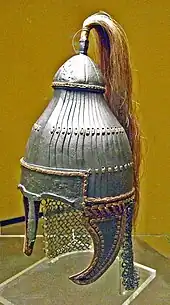 Colour photograph of a reconstruction of the Lamellenhelm from Niederstotzingen