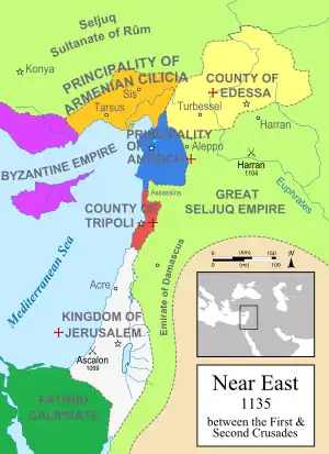 Map of the Middle East showing the Christian states of c. 1135 in colour