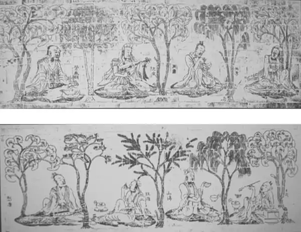 Seven Sages of the Bamboo Grove (with the addition of an anachronistic or immortal Rong Qiqi). From  rubbing of Eastern Jin molded tomb bricks.