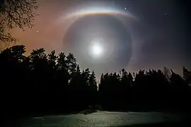 Long exposure of a night-time lunar halo display, including an upper tangent arc, 22° halo, and paraselenic circle