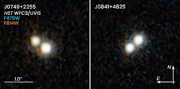 These two NASA/ESA Hubble Space Telescope images reveal two pairs of quasars that existed 10 billion years ago and reside at the hearts of merging galaxies.